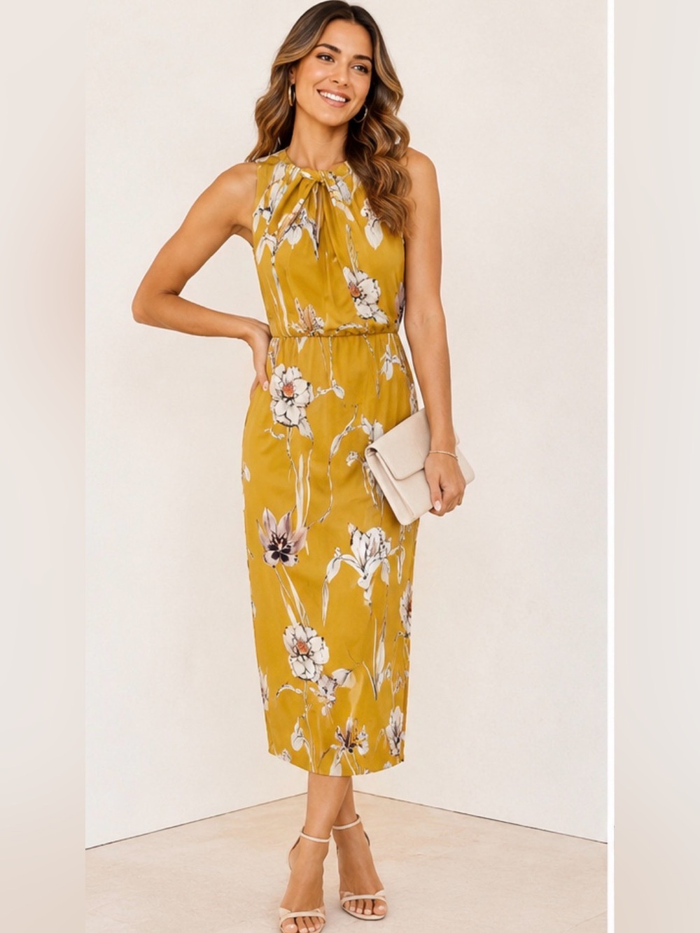 NWT ASOS Mustard Floral Sleeveless Midi Dress Size US Twist Back Cutout